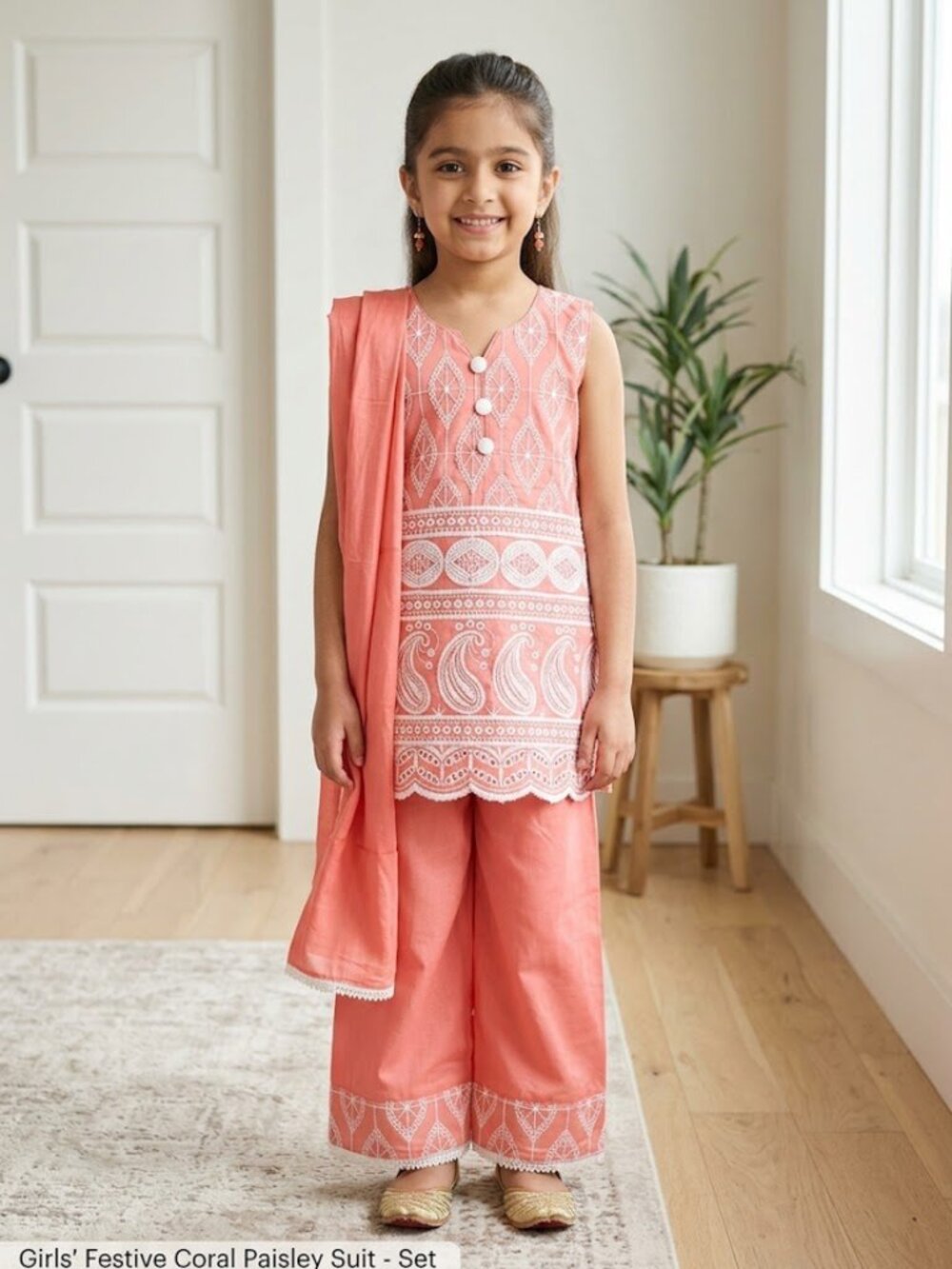 Girls' 3-Piece Ethnic Suit Set | Sleeveless Embroidered Kurta, Trousers & S